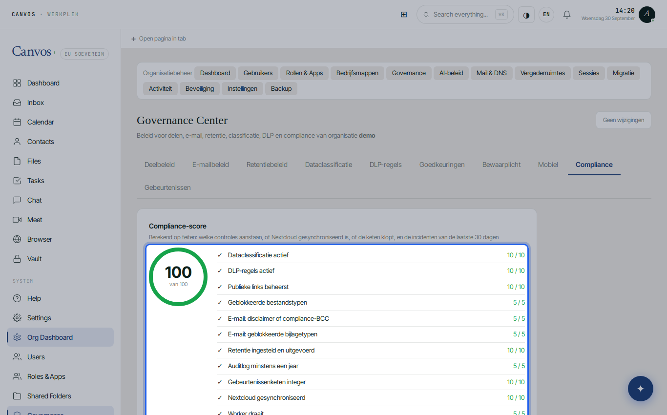 The compliance score of Demo BV in the Governance Center