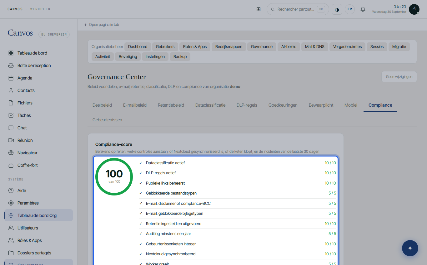 Le score de conformité de Demo BV dans le Governance Center