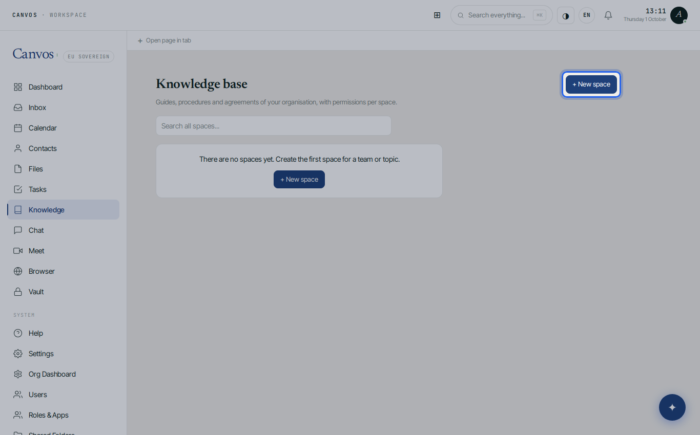 The overview of knowledge spaces with the New space button