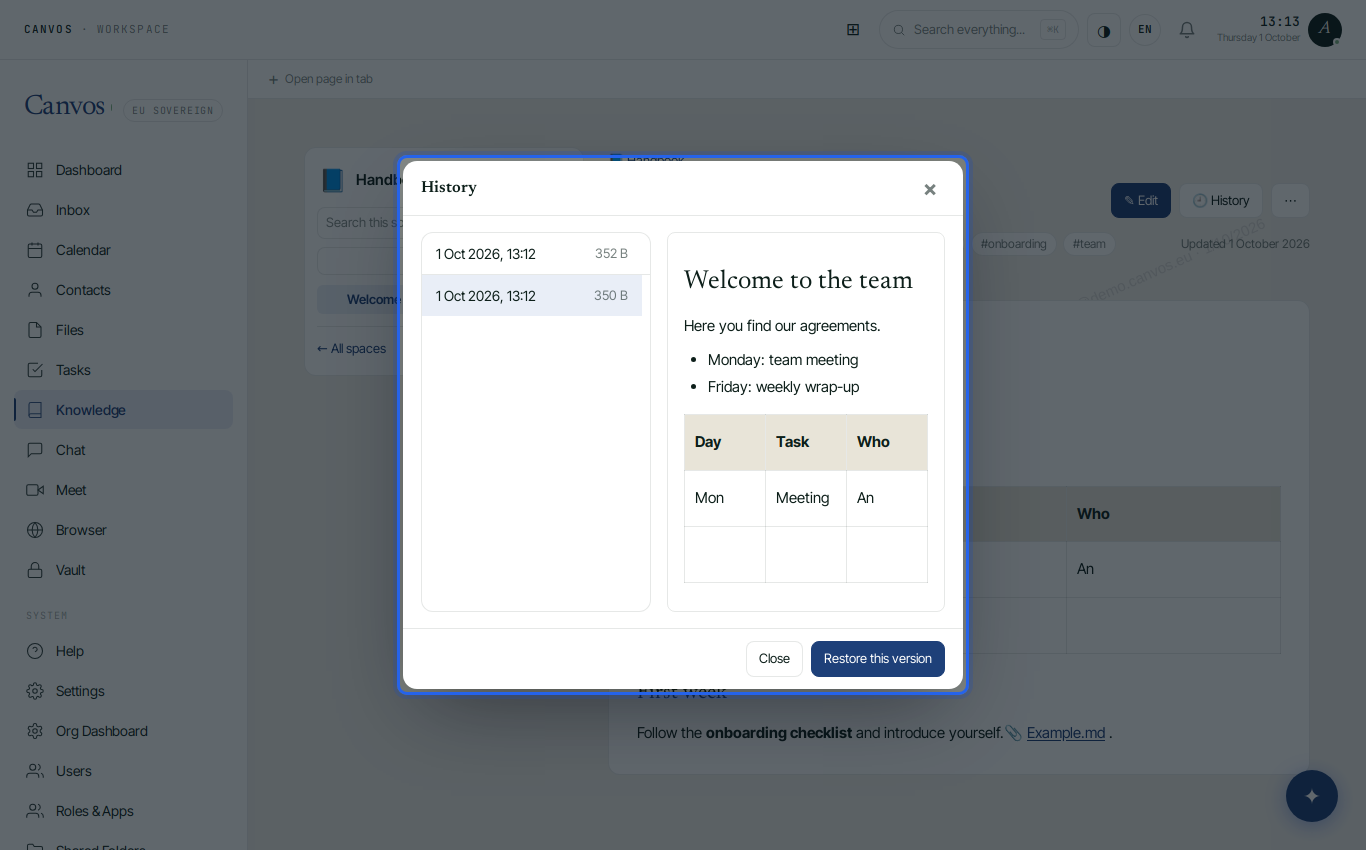 The page history with versions and the Restore button
