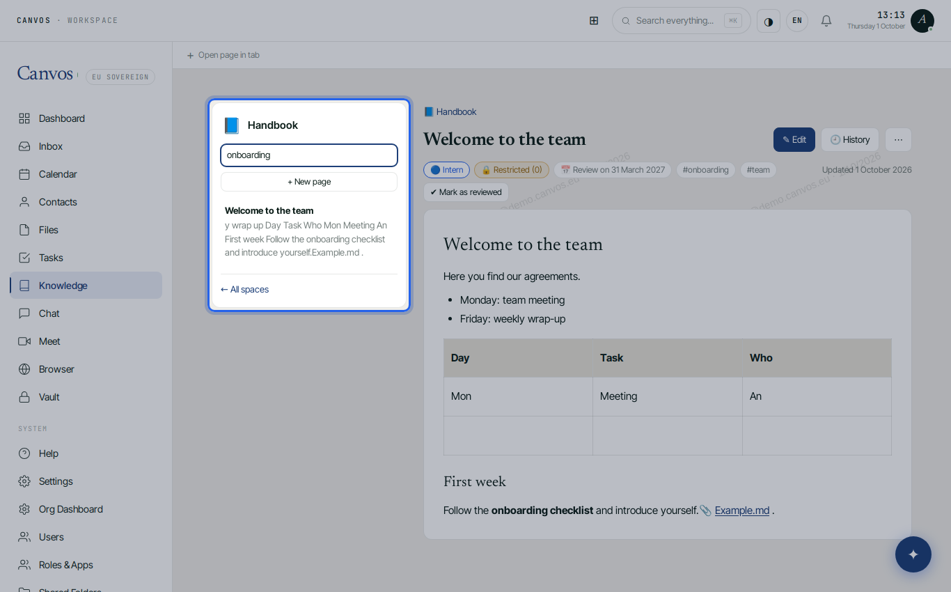 Searching in the space with results in the sidebar