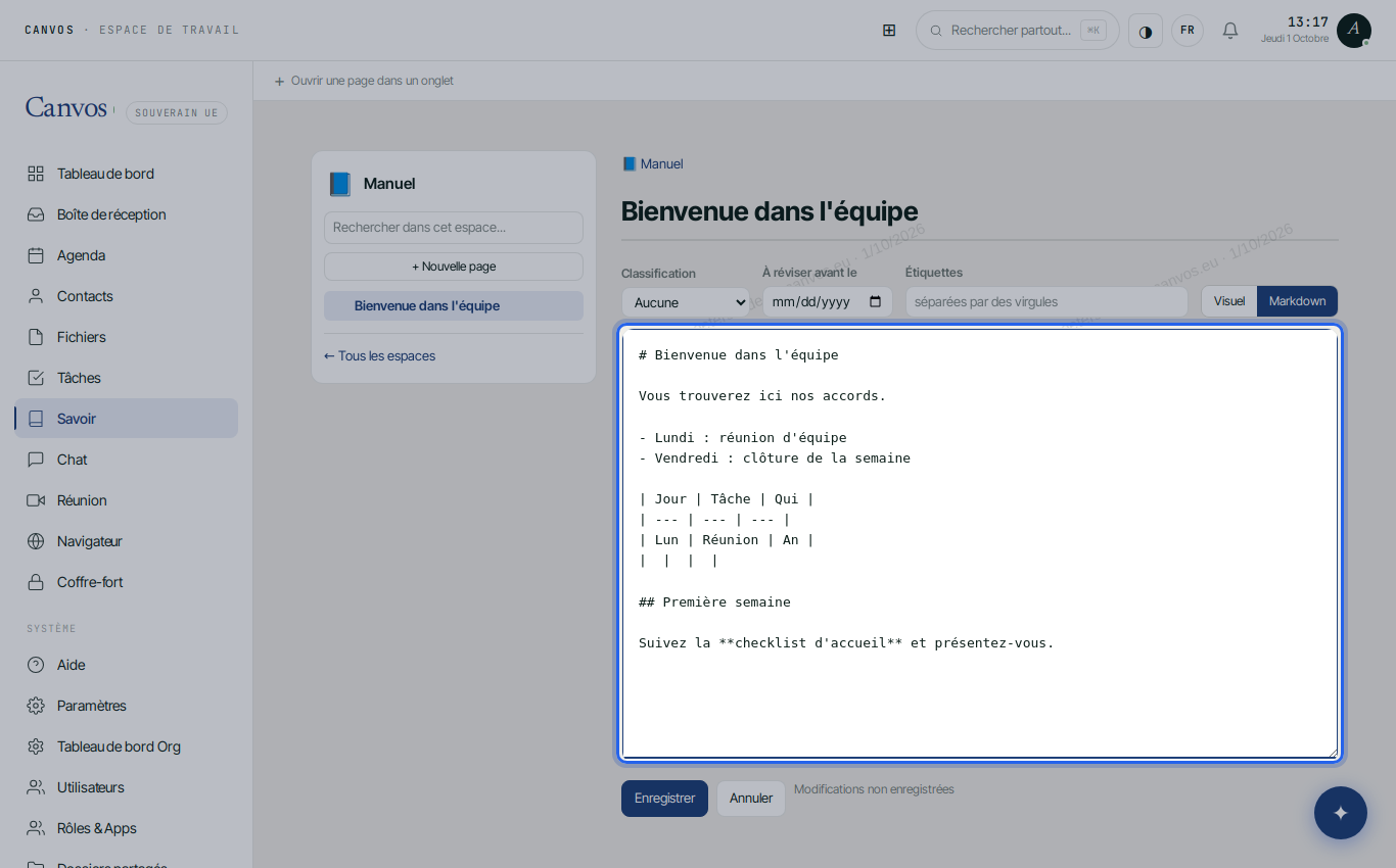 La vue Markdown avec le texte source de la page
