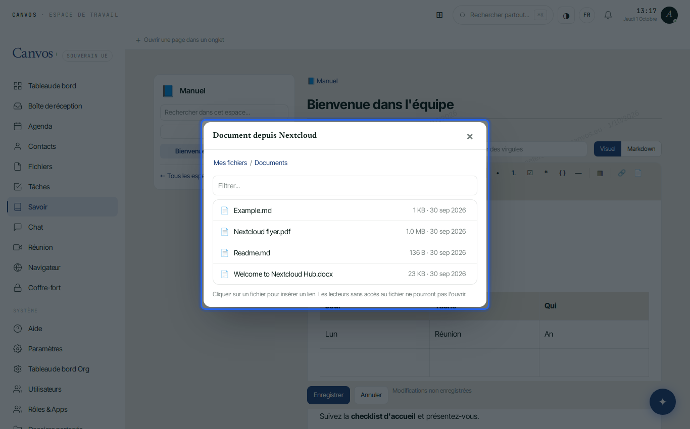 Le sélecteur de fichiers avec les documents de Nextcloud