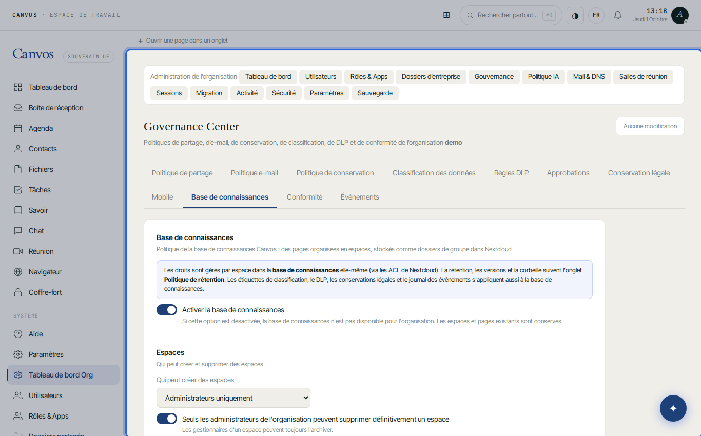 L'onglet Base de connaissances dans le Governance Center