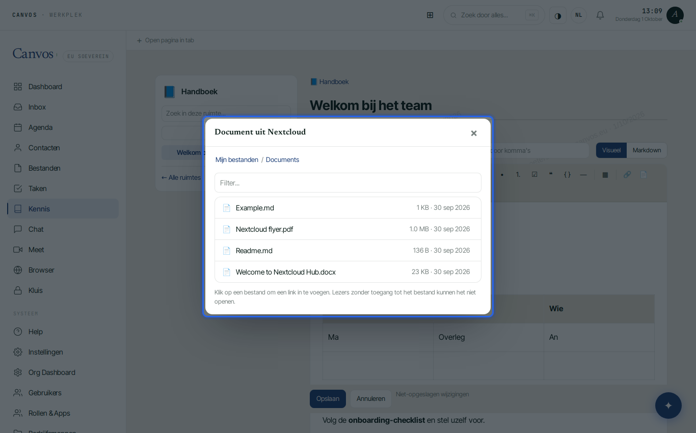 De bestandskiezer met de documenten uit Nextcloud