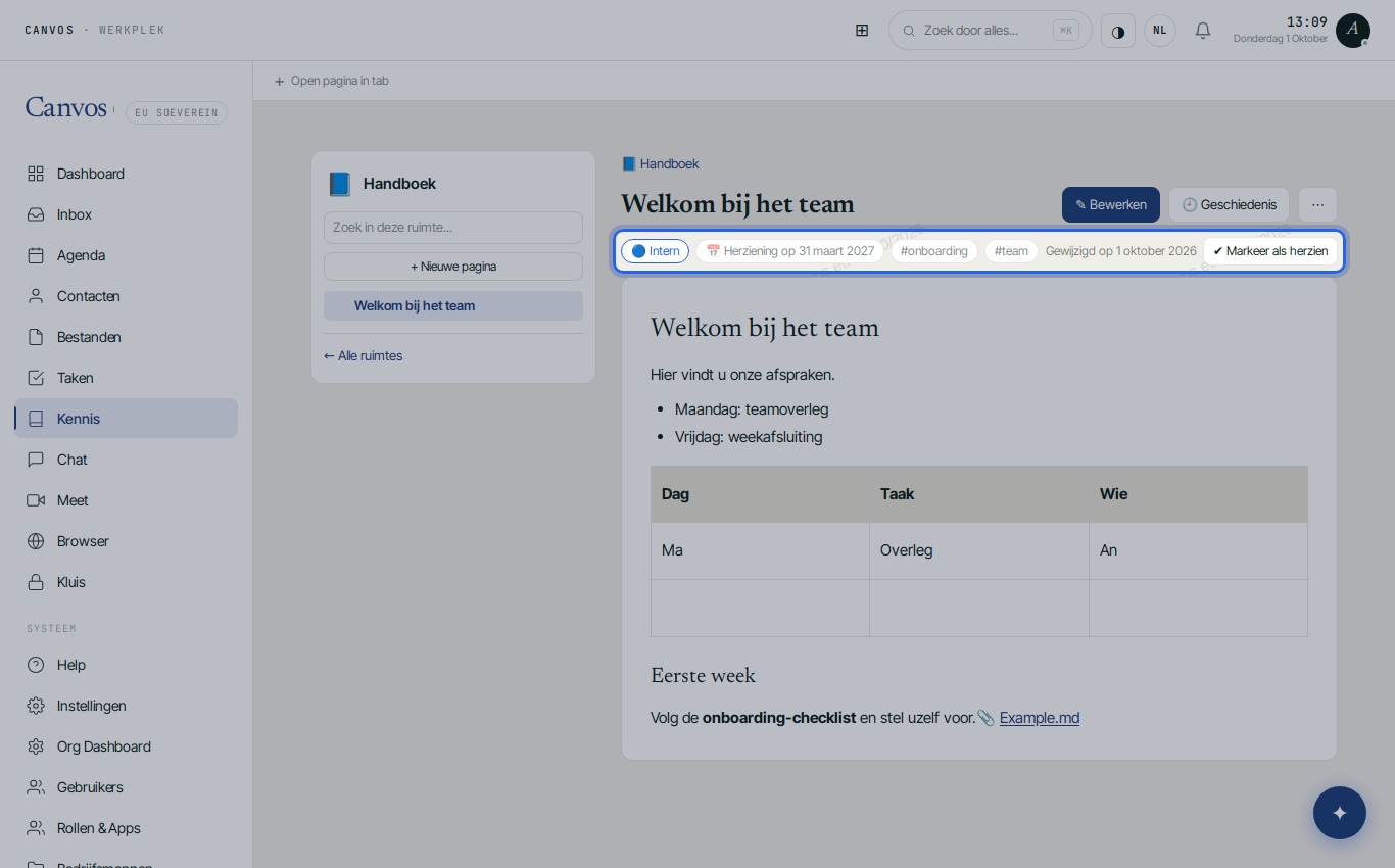 De opgeslagen pagina met classificatie, herzieningsdatum en labels
