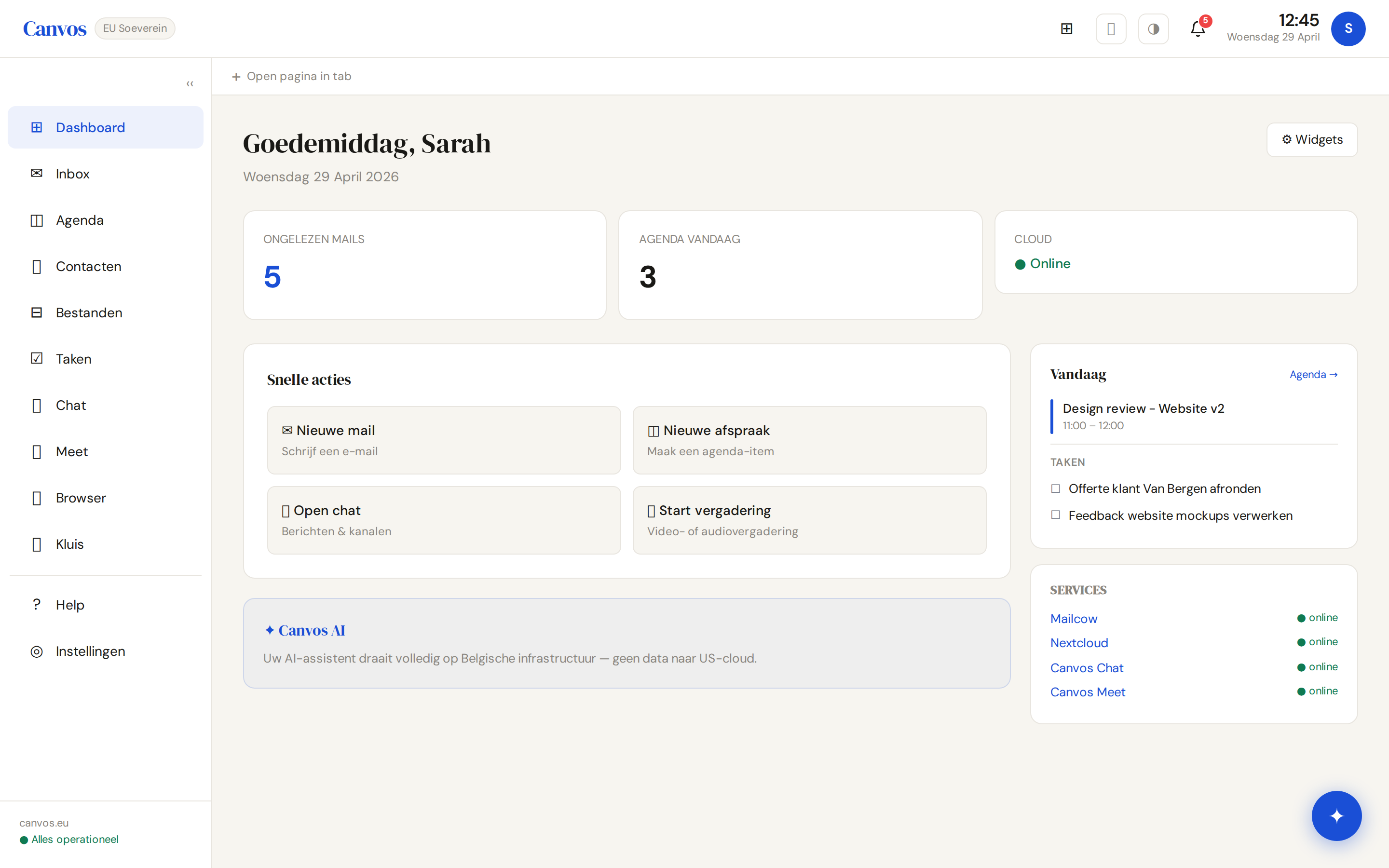Canvos Dashboard — Uw digitale werkplek